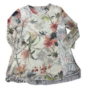 Multiples Floral Lace Tunic Top Size L Sheer Lightweight 3/4 Sleeve Blouse